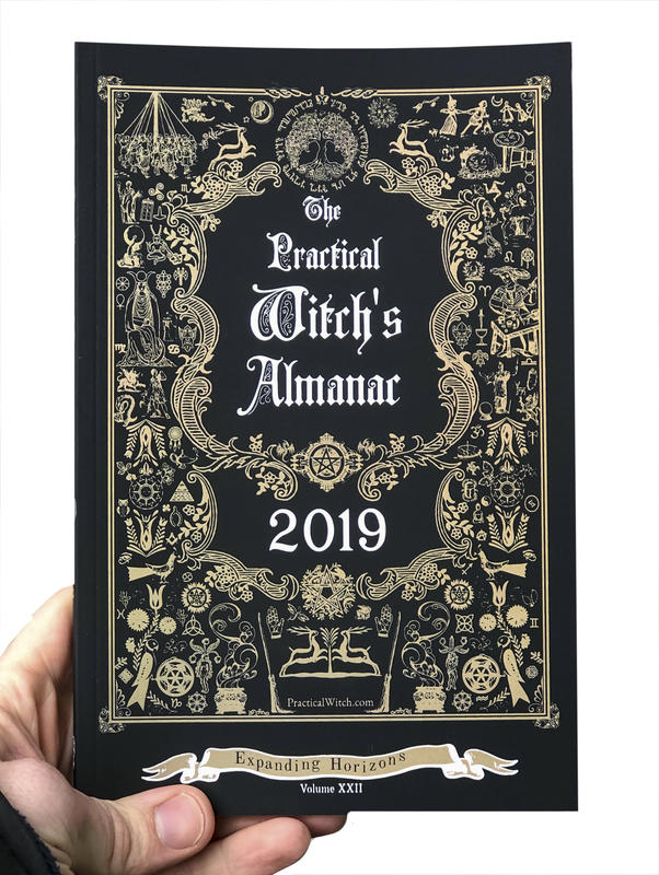 Cover of The Practical Witch's Almanac 2018, which features a variety of symbols, plants etc. framing the title in the style of The Farmer's Almanac