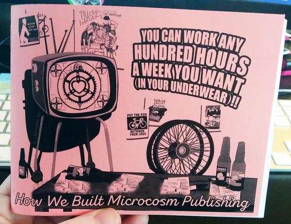 A blue and yellow zine with an illustration of an old television, a bike wheel, a table with paper and pens, and a couple of beer bottles
