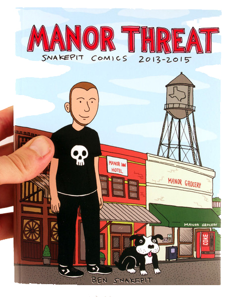 A man with a black shirt with a skull, black pants and sneakers, with a dog sitting at his feet. The are on the street in an older looking town with a water tower with the outline of Texas on it.